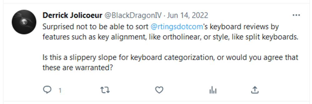 Community tweet about missing ergonomic features, such as key alignment, ortholinear, and split keyboards