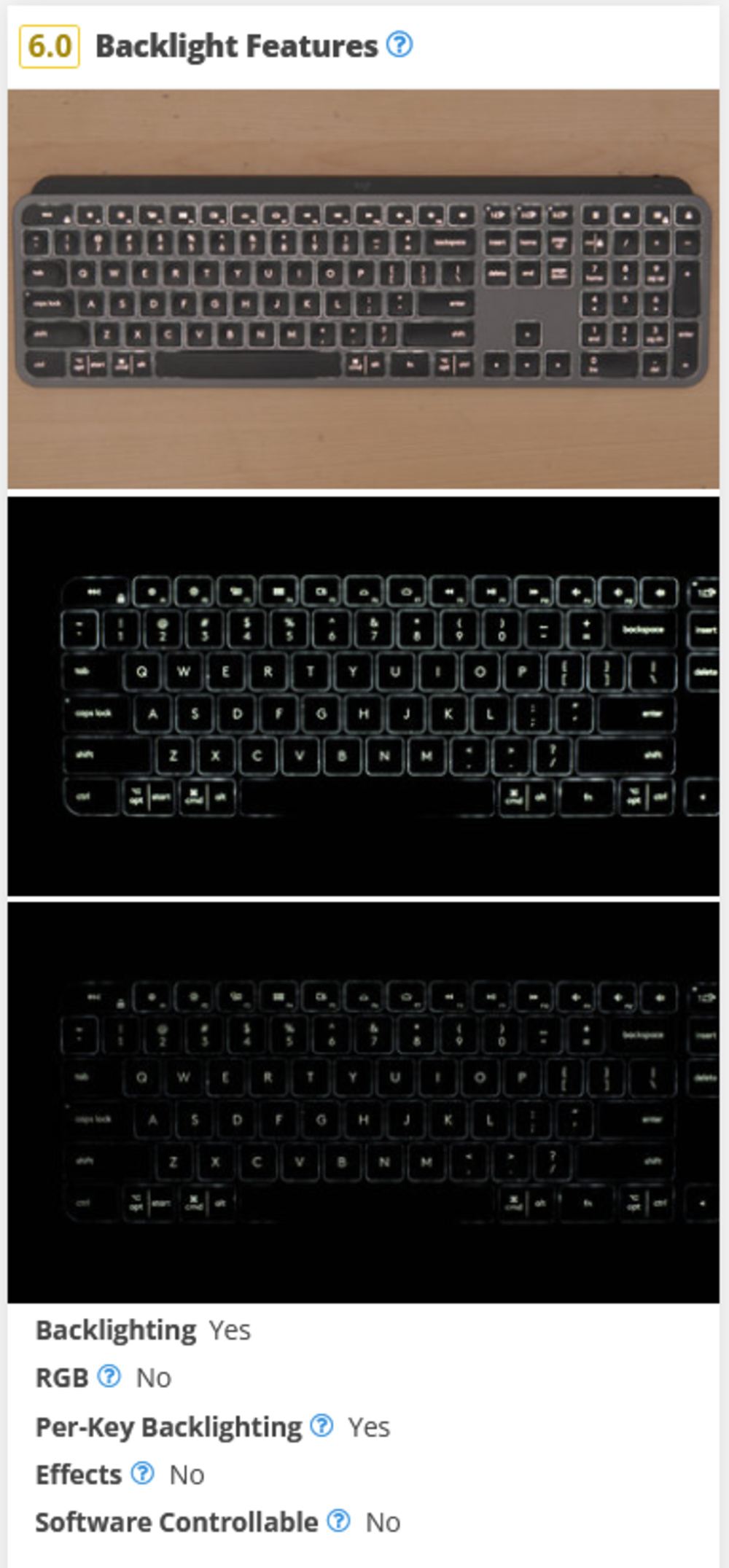 An example of our new Backlight Features test results for the Logitech MX Keys