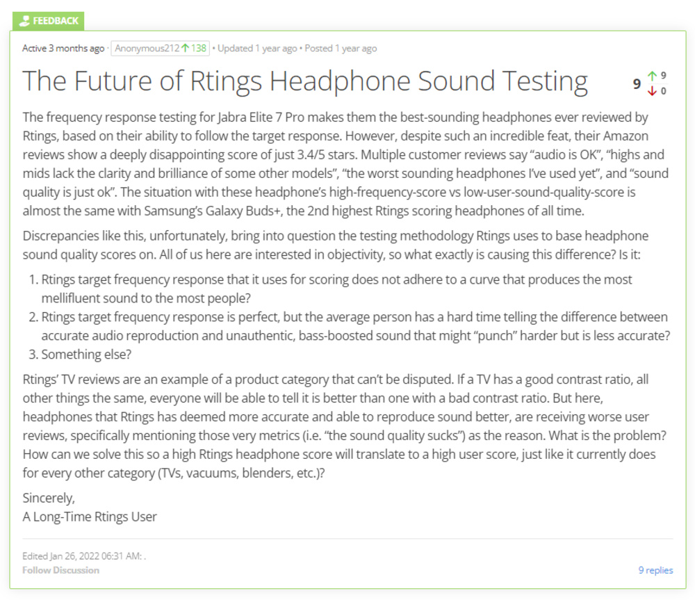 User comment of the future of Rtings headphones sound testing